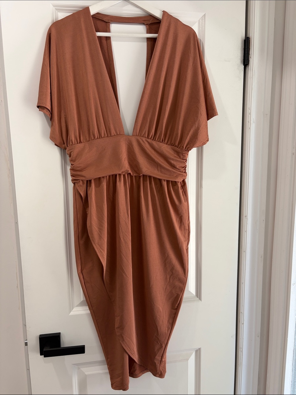 Revamped Deep V High-Low Midi Dress in Terracotta